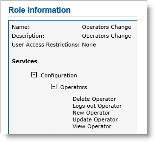 Role Information screen displaying the name and description of the role, and listing its associated rights